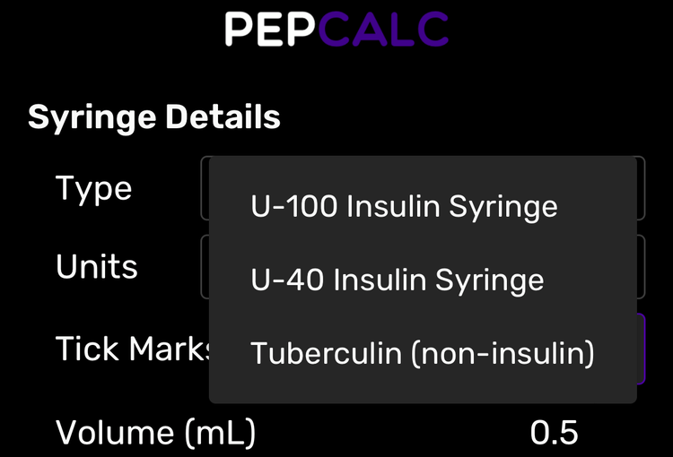 PepCalc peptide calculator syringe type selection screenshot