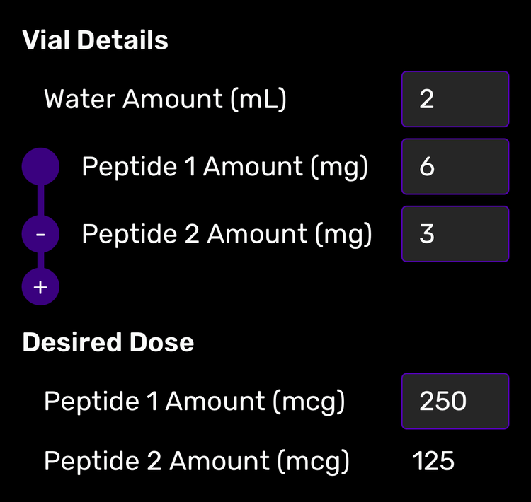 PepCalc research peptide dose results screenshot